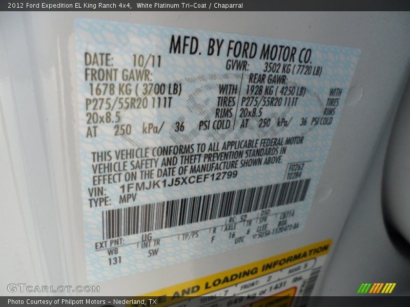 2012 Expedition EL King Ranch 4x4 White Platinum Tri-Coat Color Code UG