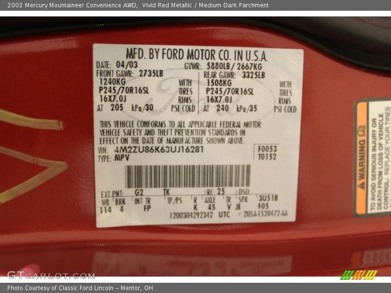 2003 Mountaineer Convenience AWD Vivid Red Metallic Color Code G2