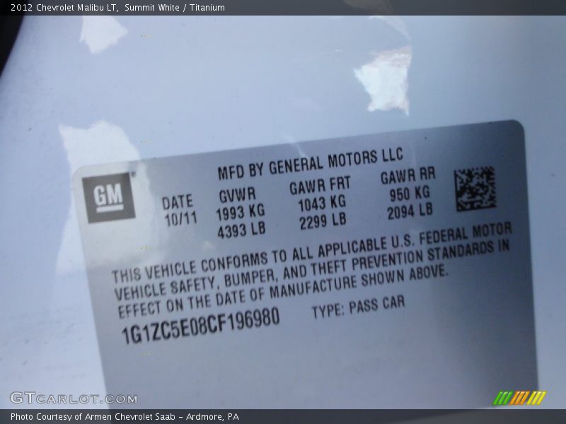 Summit White / Titanium 2012 Chevrolet Malibu LT