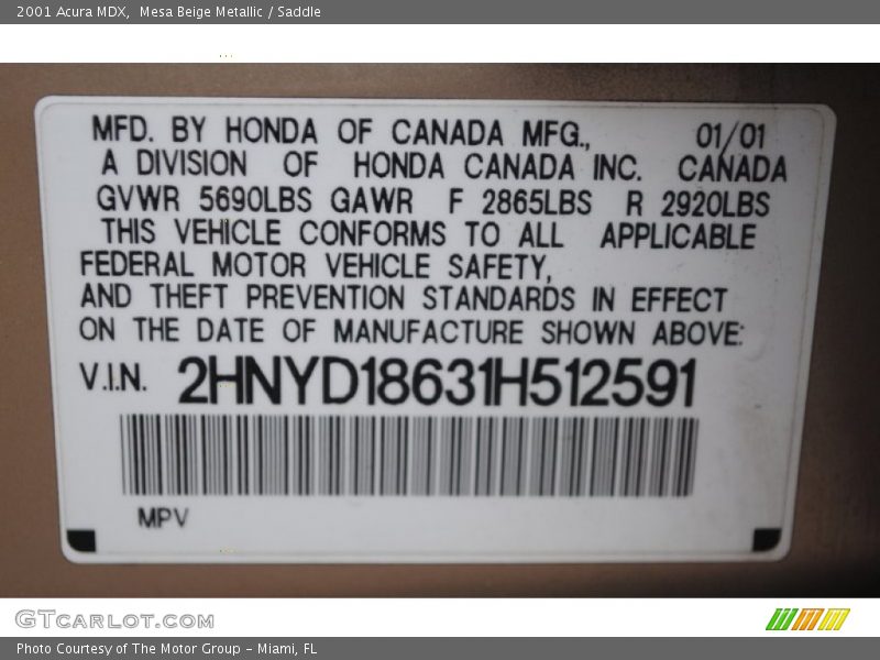 Info Tag of 2001 MDX 