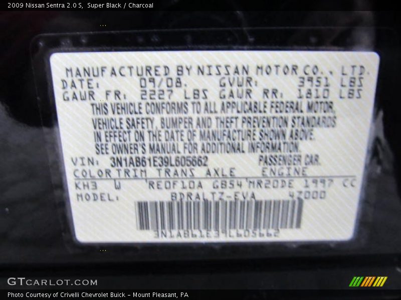 Super Black / Charcoal 2009 Nissan Sentra 2.0 S