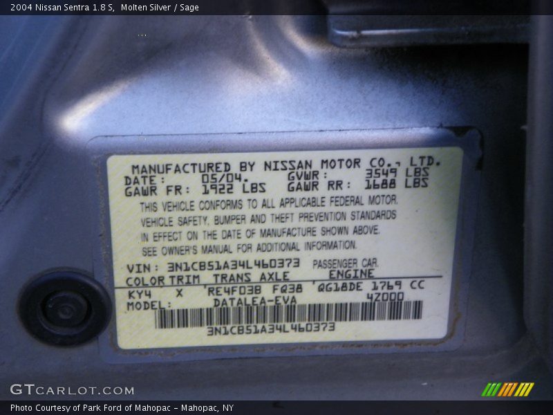 2004 Sentra 1.8 S Molten Silver Color Code KY4