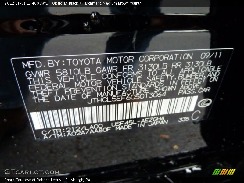 2012 LS 460 AWD Obsidian Black Color Code 212