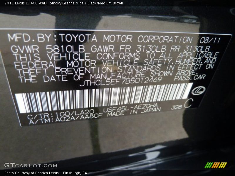 2011 LS 460 AWD Smoky Granite Mica Color Code 1G0