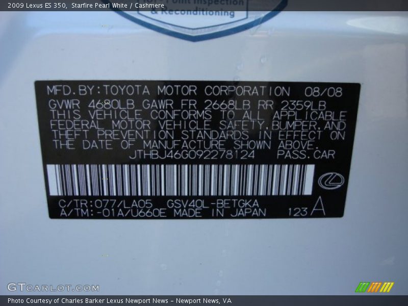 2009 ES 350 Starfire Pearl White Color Code 077