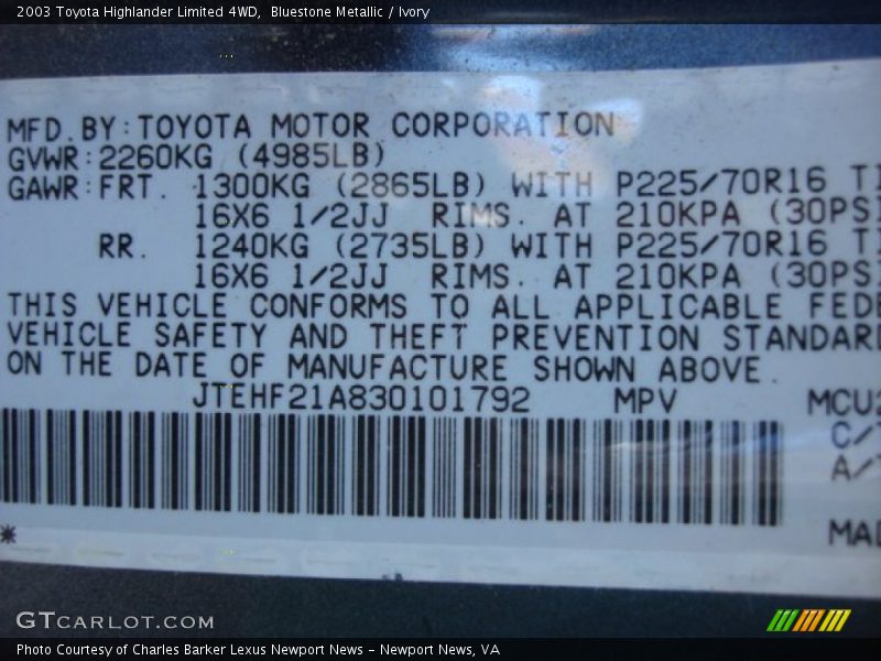 Bluestone Metallic / Ivory 2003 Toyota Highlander Limited 4WD