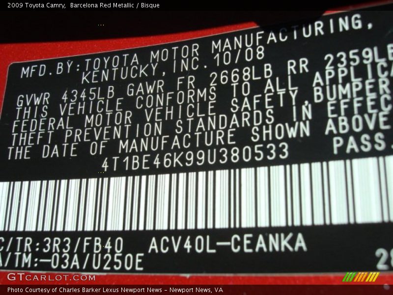 2009 Camry  Barcelona Red Metallic Color Code 3R3