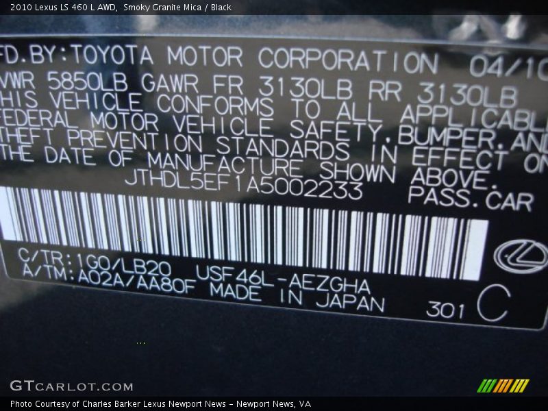 2010 LS 460 L AWD Smoky Granite Mica Color Code 1G0