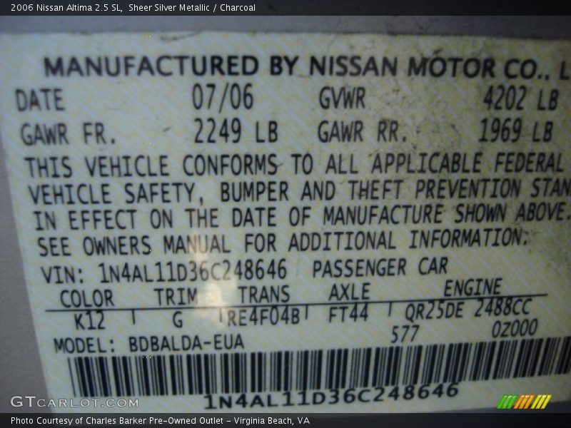 Sheer Silver Metallic / Charcoal 2006 Nissan Altima 2.5 SL