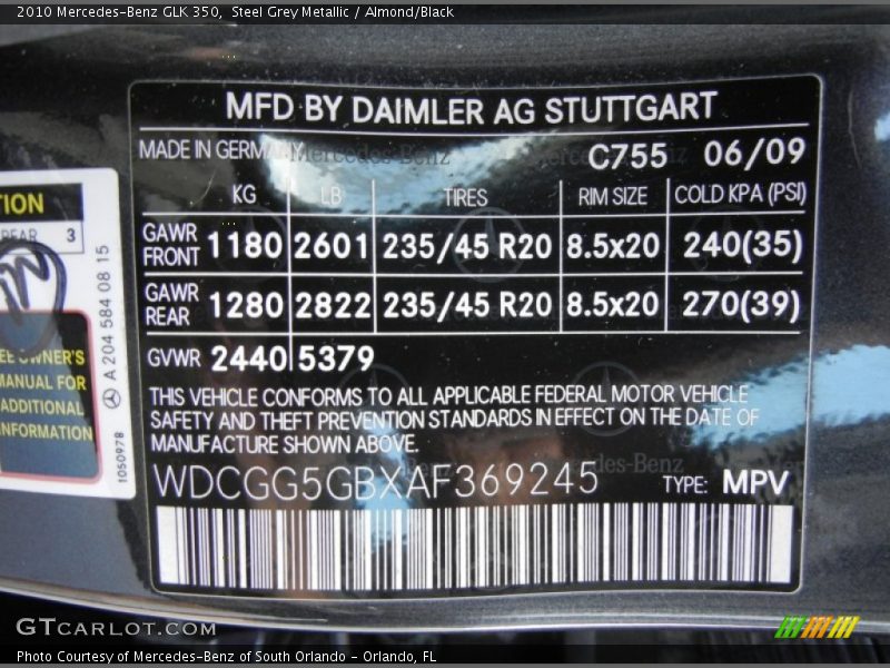 Steel Grey Metallic / Almond/Black 2010 Mercedes-Benz GLK 350