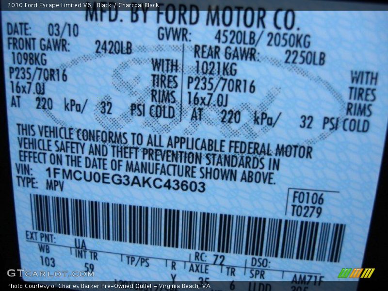 Black / Charcoal Black 2010 Ford Escape Limited V6