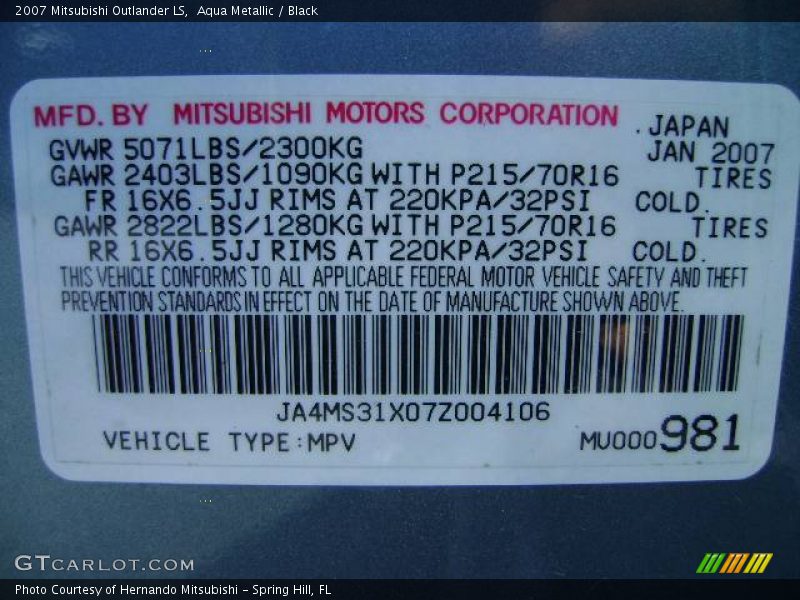 Aqua Metallic / Black 2007 Mitsubishi Outlander LS