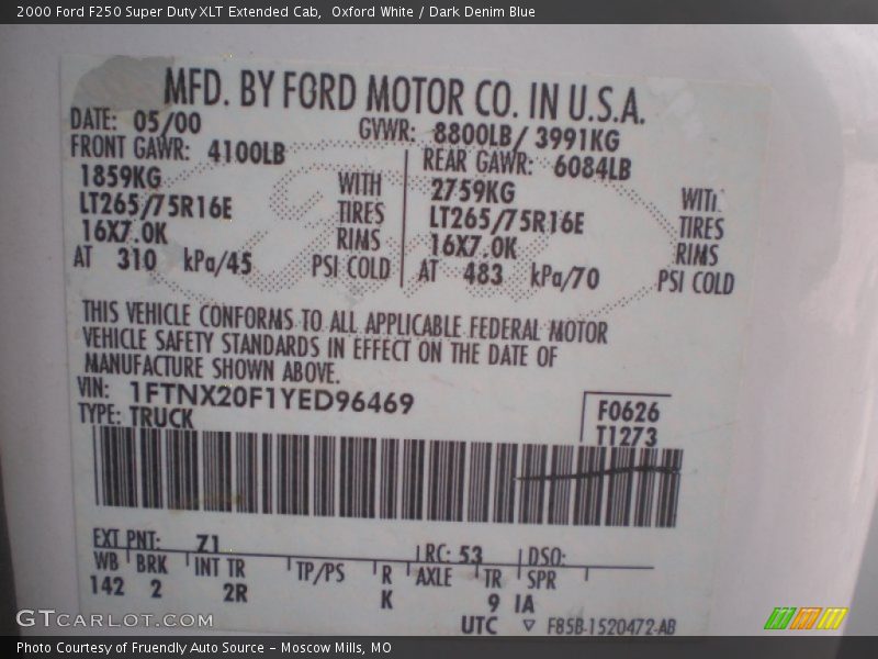 2000 F250 Super Duty XLT Extended Cab Oxford White Color Code Z1