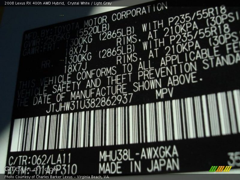 Crystal White / Light Gray 2008 Lexus RX 400h AWD Hybrid
