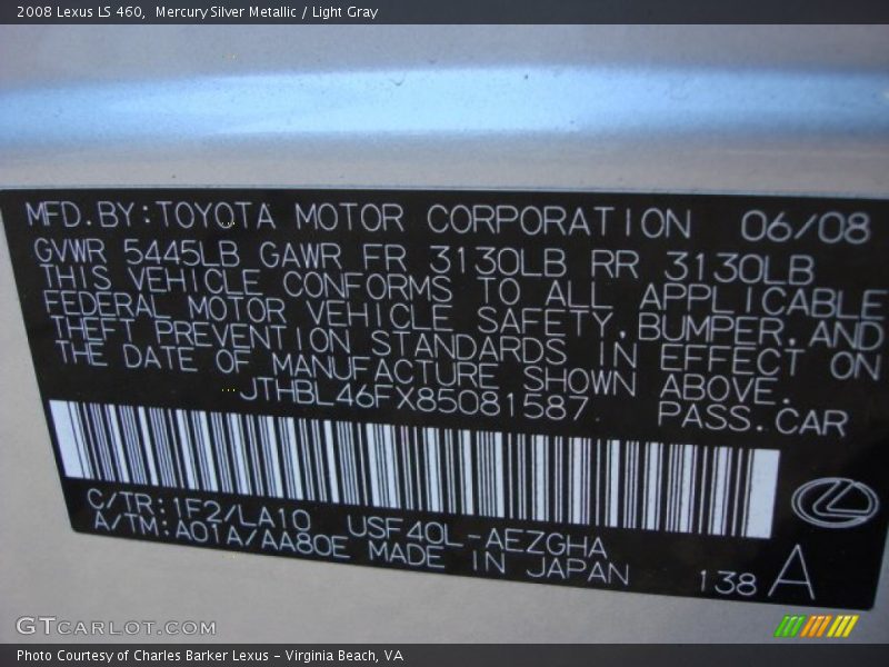 Mercury Silver Metallic / Light Gray 2008 Lexus LS 460