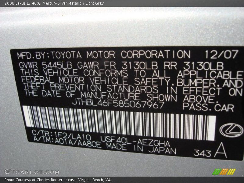 2008 LS 460 Mercury Silver Metallic Color Code 1F2