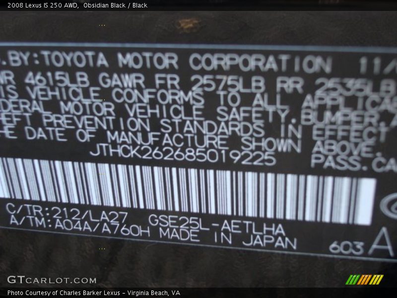 Obsidian Black / Black 2008 Lexus IS 250 AWD