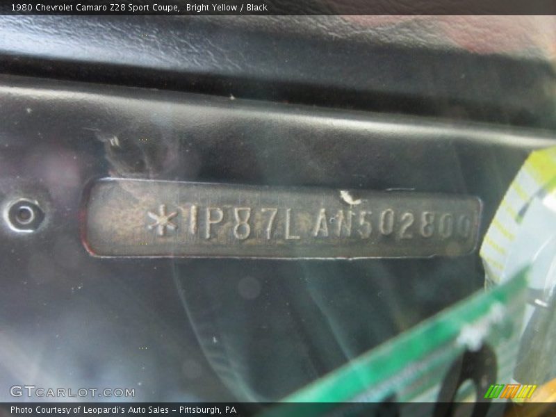 VIN tag - 1980 Chevrolet Camaro Z28 Sport Coupe