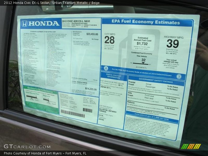  2012 Civic EX-L Sedan Window Sticker