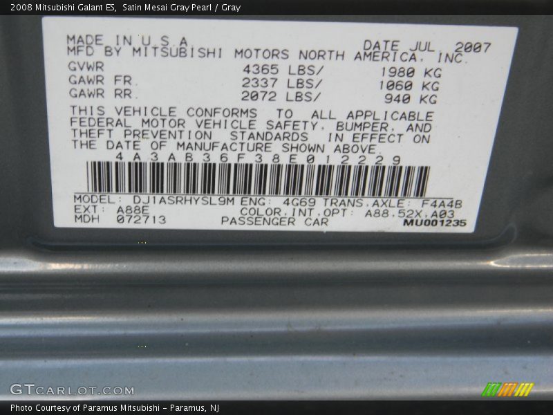Satin Mesai Gray Pearl / Gray 2008 Mitsubishi Galant ES