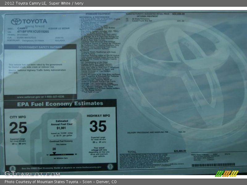Super White / Ivory 2012 Toyota Camry LE