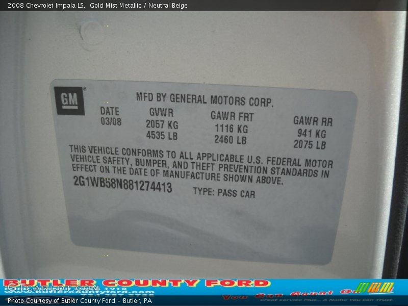 Gold Mist Metallic / Neutral Beige 2008 Chevrolet Impala LS