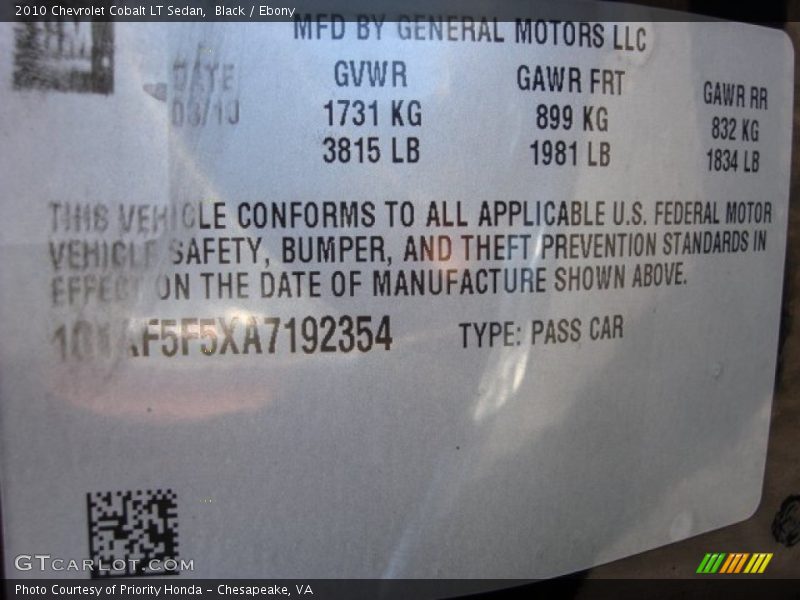 Black / Ebony 2010 Chevrolet Cobalt LT Sedan