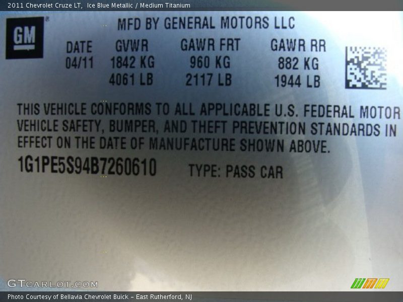 Ice Blue Metallic / Medium Titanium 2011 Chevrolet Cruze LT