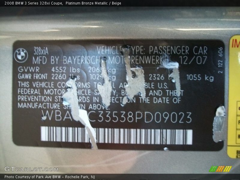 Platinum Bronze Metallic / Beige 2008 BMW 3 Series 328xi Coupe