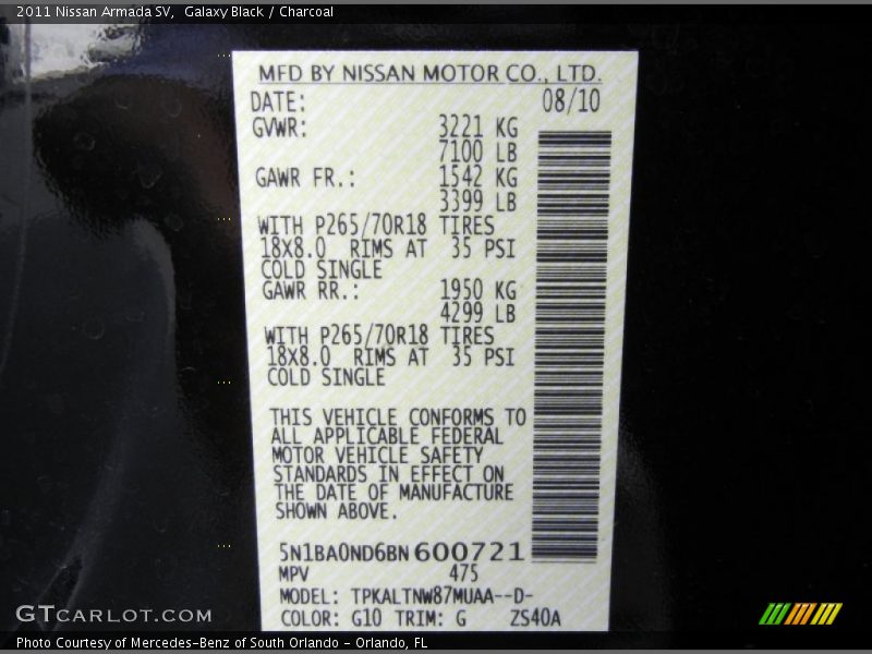 2011 Armada SV Galaxy Black Color Code G10