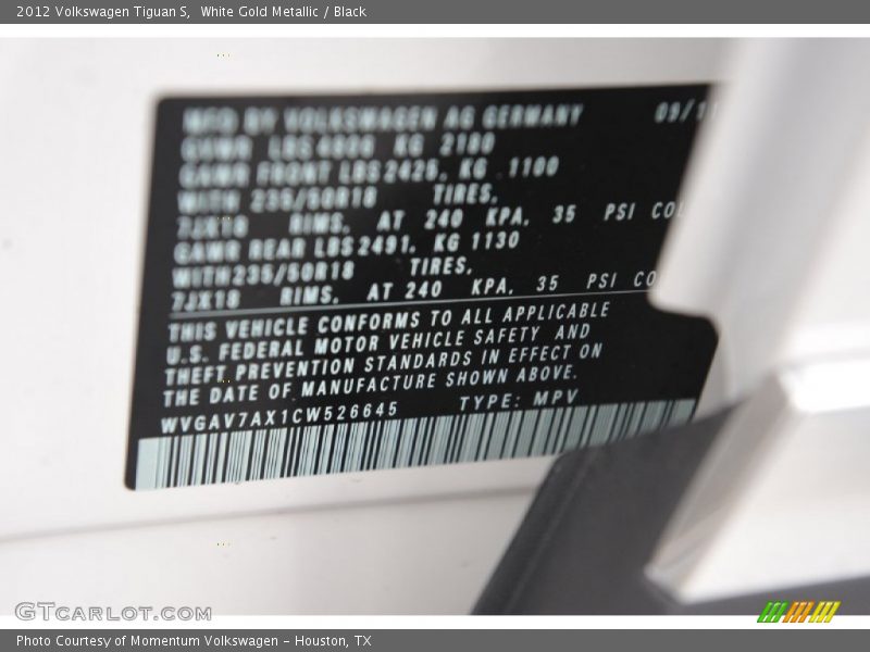 White Gold Metallic / Black 2012 Volkswagen Tiguan S