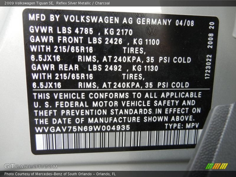Reflex Silver Metallic / Charcoal 2009 Volkswagen Tiguan SE