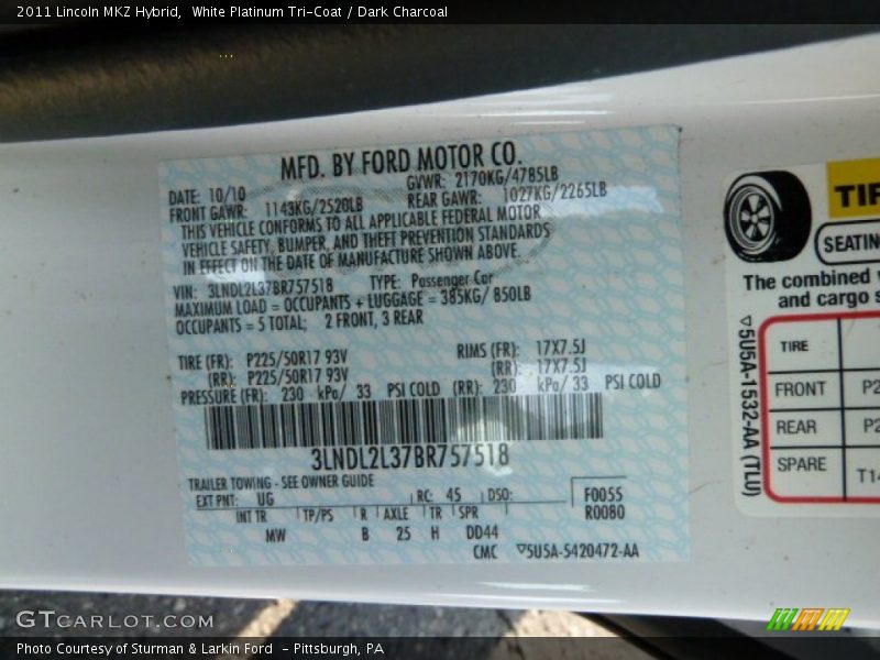 2011 MKZ Hybrid White Platinum Tri-Coat Color Code UG