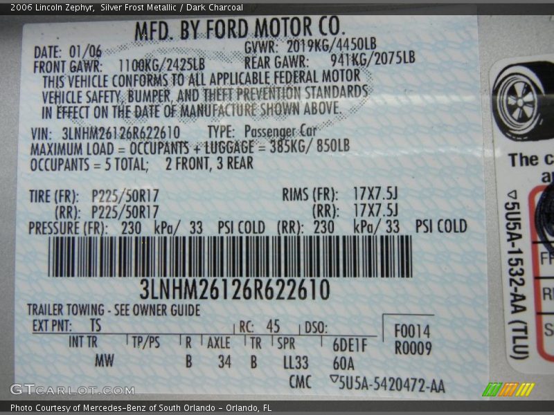 Silver Frost Metallic / Dark Charcoal 2006 Lincoln Zephyr