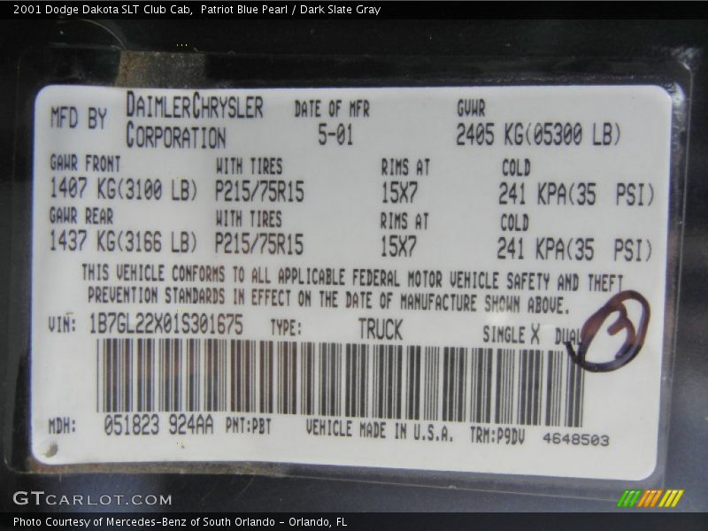 2001 Dakota SLT Club Cab Patriot Blue Pearl Color Code PBT