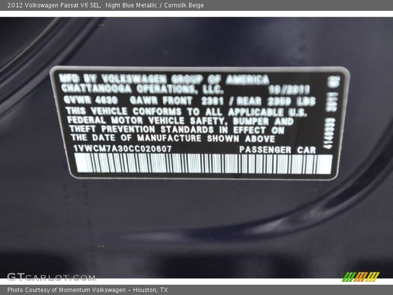 Night Blue Metallic / Cornsilk Beige 2012 Volkswagen Passat V6 SEL