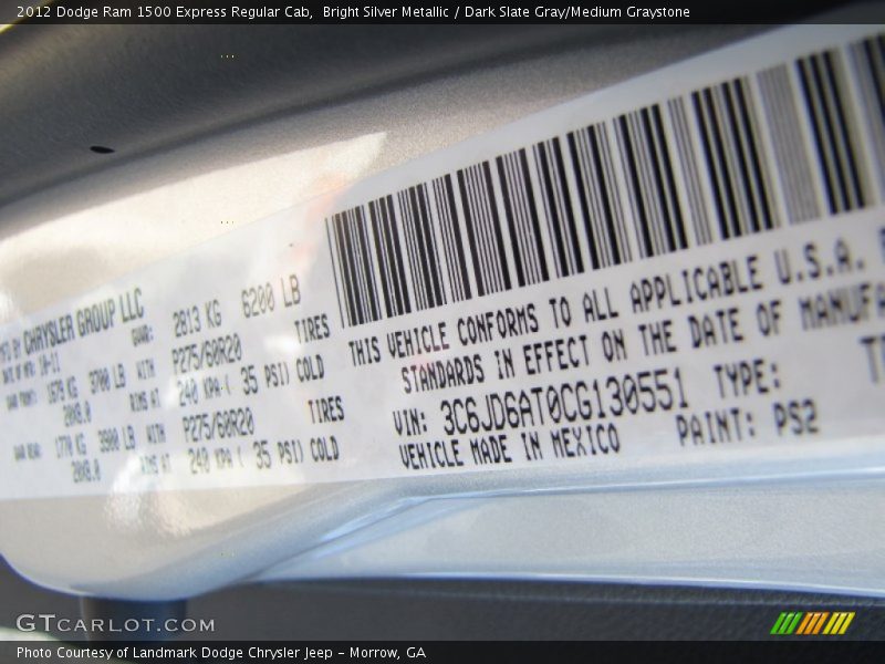 Bright Silver Metallic / Dark Slate Gray/Medium Graystone 2012 Dodge Ram 1500 Express Regular Cab