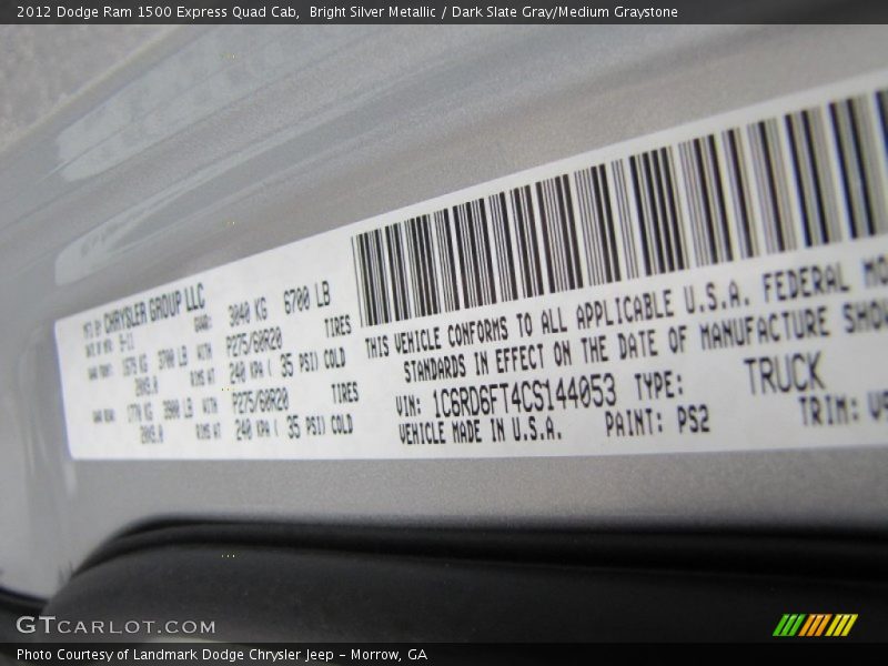 2012 Ram 1500 Express Quad Cab Bright Silver Metallic Color Code PS2