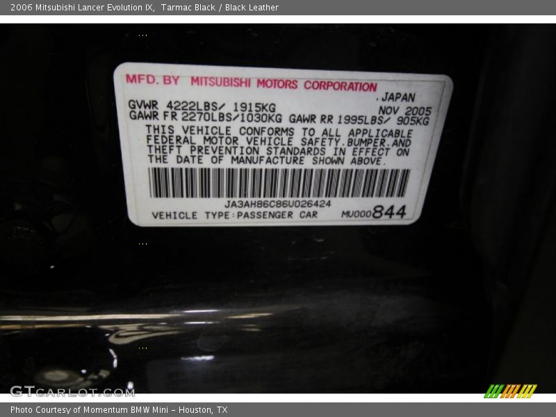 Tarmac Black / Black Leather 2006 Mitsubishi Lancer Evolution IX