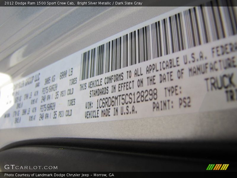 2012 Ram 1500 Sport Crew Cab Bright Silver Metallic Color Code PS2