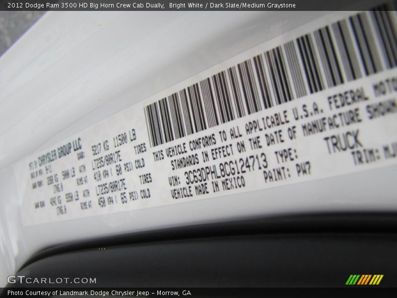 2012 Ram 3500 HD Big Horn Crew Cab Dually Bright White Color Code PW7