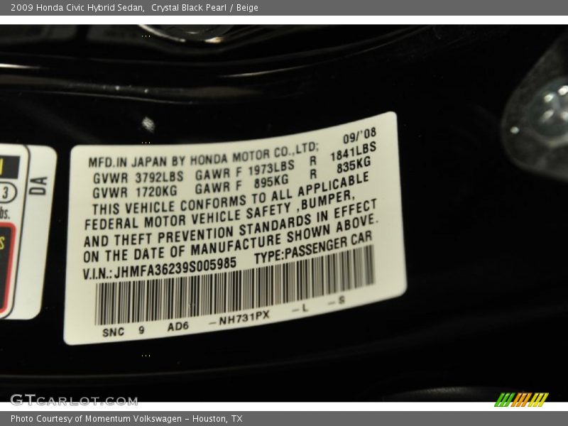 2009 Civic Hybrid Sedan Crystal Black Pearl Color Code NH731PX