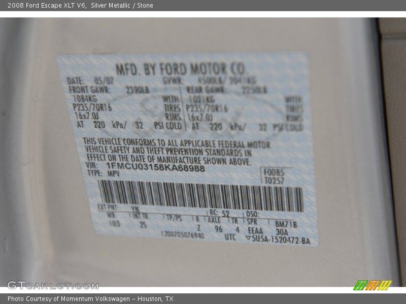 Silver Metallic / Stone 2008 Ford Escape XLT V6