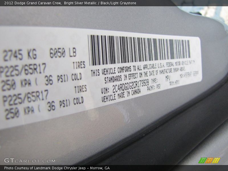 2012 Grand Caravan Crew Bright Silver Metallic Color Code PS2