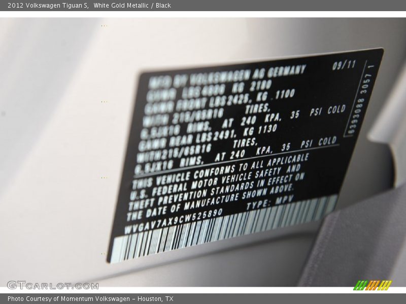 White Gold Metallic / Black 2012 Volkswagen Tiguan S