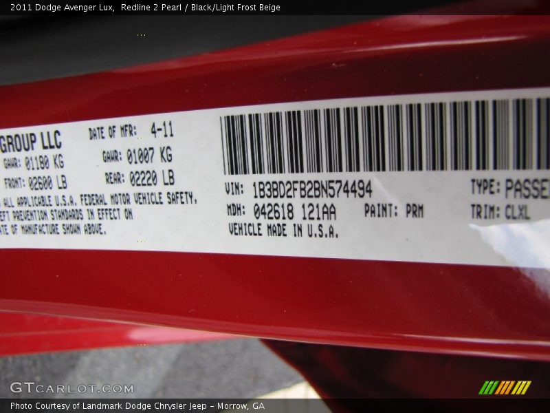 2011 Avenger Lux Redline 2 Pearl Color Code PRM