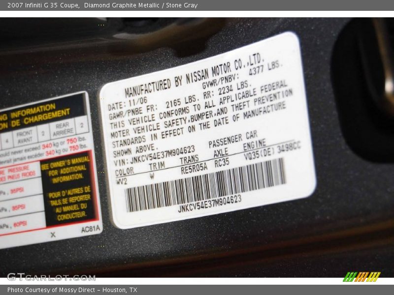 2007 G 35 Coupe Diamond Graphite Metallic Color Code WV2