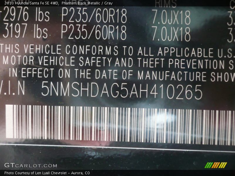 Phantom Black Metallic / Gray 2010 Hyundai Santa Fe SE 4WD