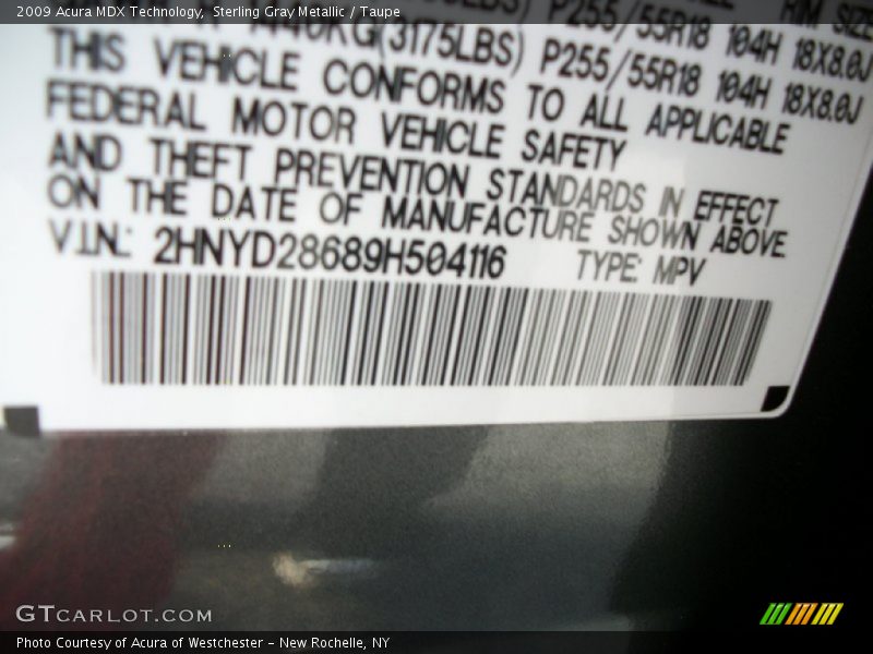 Sterling Gray Metallic / Taupe 2009 Acura MDX Technology