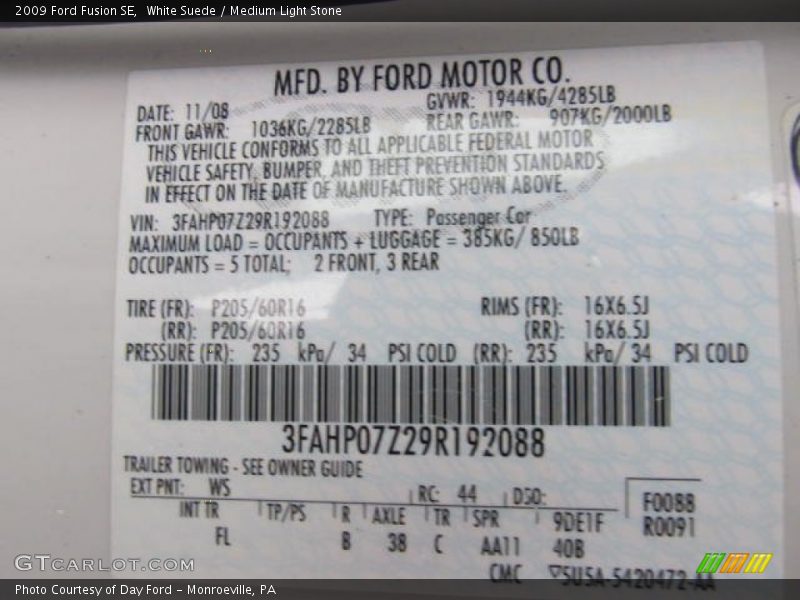 2009 Fusion SE White Suede Color Code WS